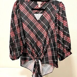 Chico's Black and Red Plaid Tie-Front Blouse